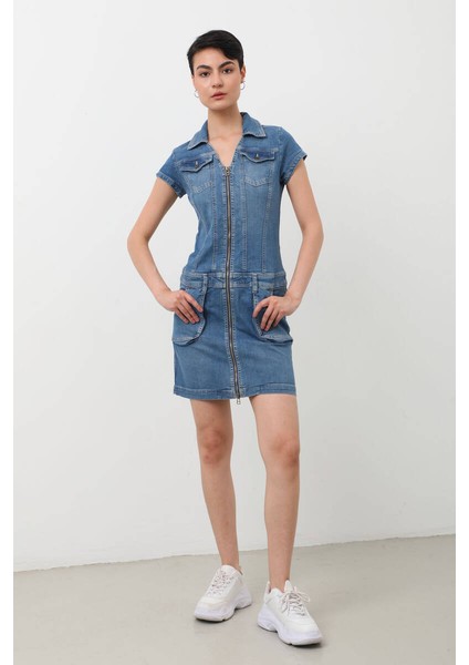 Fermuarlı Cepli Kadın Jean Elbise