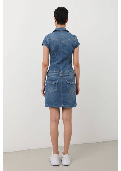 Fermuarlı Cepli Kadın Jean Elbise