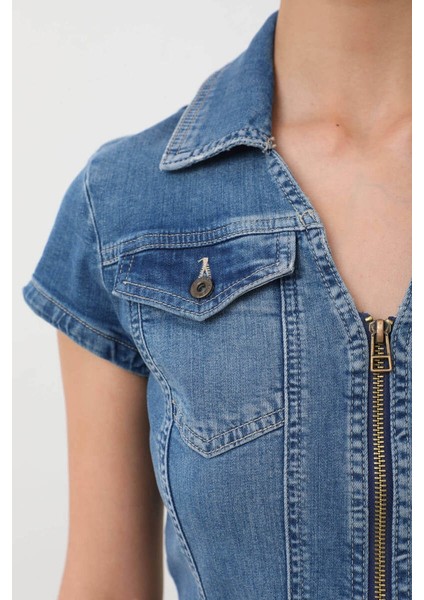 Fermuarlı Cepli Kadın Jean Elbise