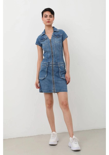 Fermuarlı Cepli Kadın Jean Elbise