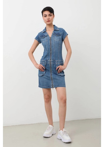 Fermuarlı Cepli Kadın Jean Elbise