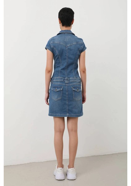 Fermuarlı Cepli Kadın Jean Elbise