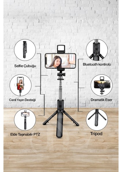 LED Işıklı Selfie Çubuğu Bluetooth Kumandalı Kablosuz Tripot Selfie Monopod Selfie Stick ( Lisinya )