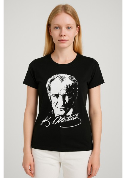 Atatürk Baskılı Siyah T-Shirt | Pamuk | Bisiklet Yaka