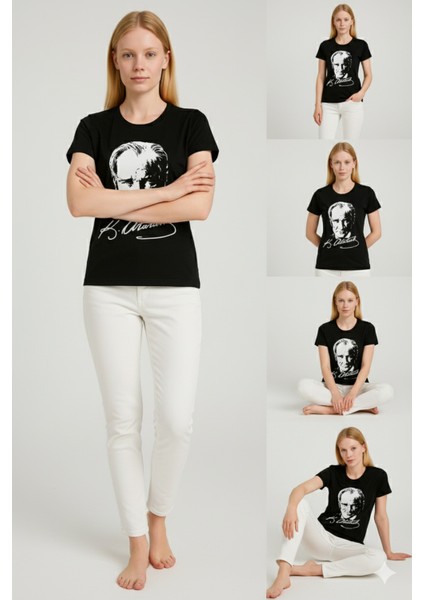 Atatürk Baskılı Siyah T-Shirt | Pamuk | Bisiklet Yaka modelleri