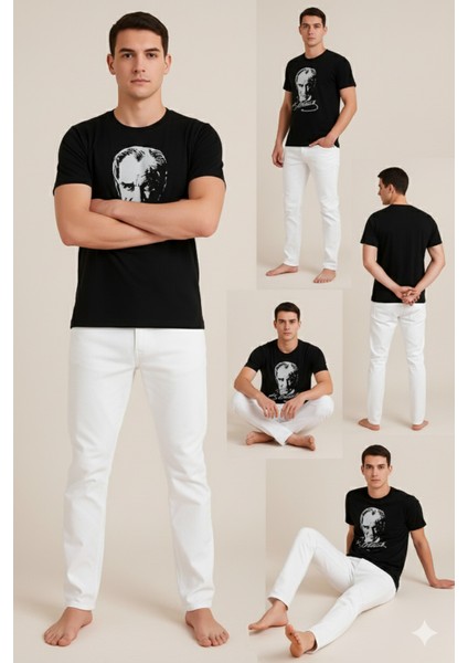 Atatürk Baskılı Siyah T-Shirt | Pamuk | Bisiklet Yaka fırsatları