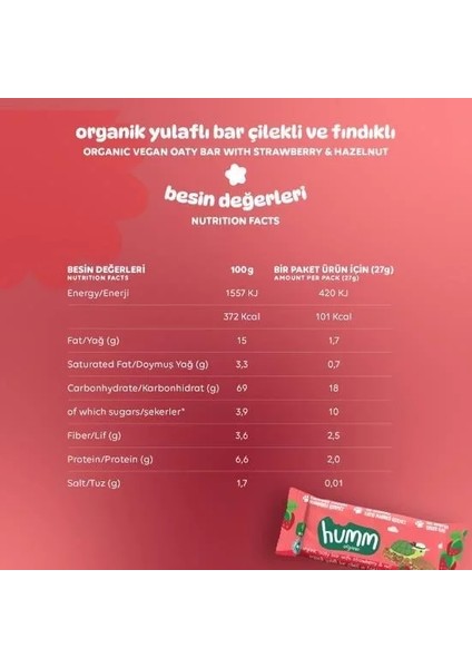 Buğz Humm Organik Vegan Çilekli ve Fındıklı Yulaf Bar - 27G fırsatları