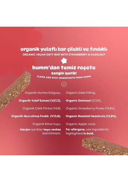 Buğz Humm Organik Vegan Çilekli ve Fındıklı Yulaf Bar - 27G indirimleri