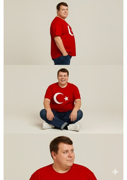 Türk Bayraklı Ay Yıldızlı Kırmızı T-Shirt | Pamuk | Büyük Beden modelleri