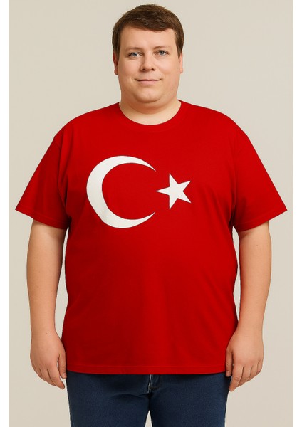 Türk Bayraklı Ay Yıldızlı Kırmızı T-Shirt | Pamuk | Büyük Beden fırsatları