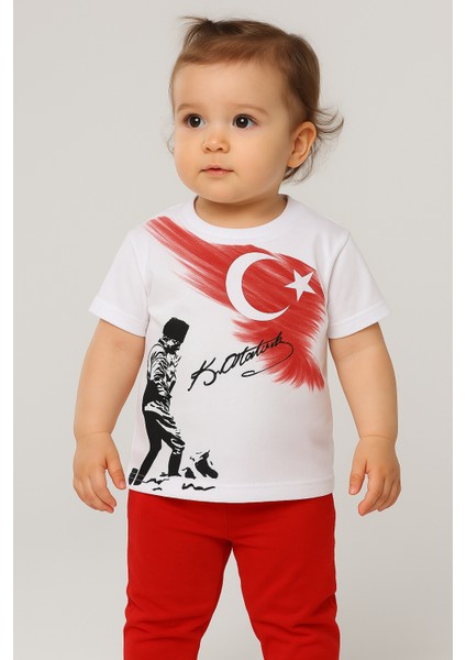 Atatürk Kocatepe ve Türk Bayrak Baskılı Bebek T-Shirt | Pamuk | Unisex |beyaz