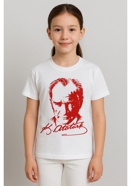 Atatürk Portre ve Imzalı Çocuk Tişört | Unisex | Beyaz | %100 Pamuk