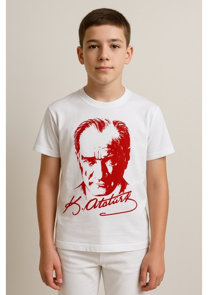 Atatürk Portre ve Imzalı Çocuk Tişört | Unisex | Beyaz | Pamuk fiyatları