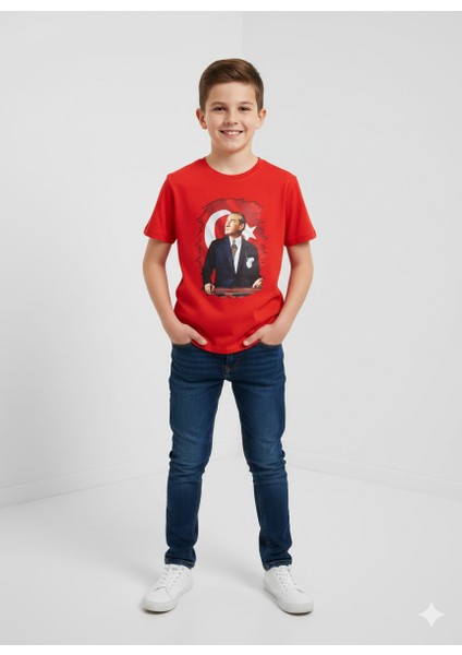 Atatürk Portre Baskılı Çocuk Kırmızı T-Shirt | Unisex | Pamuk