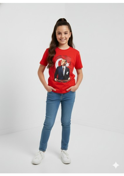 Atatürk Portre Baskılı Çocuk Kırmızı T-Shirt | Unisex | Pamuk fiyatları