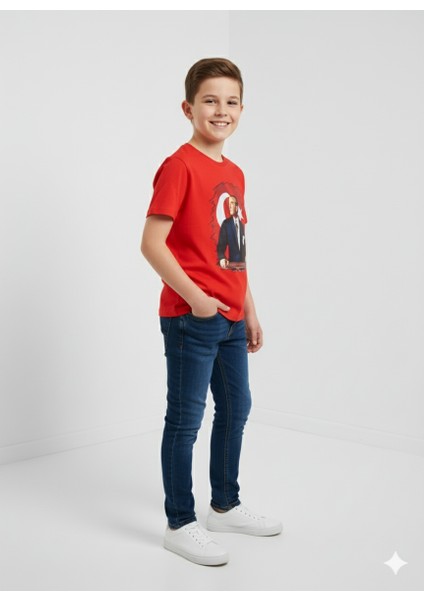 Atatürk Portre Baskılı Çocuk Kırmızı T-Shirt | Unisex | Pamuk fırsatları