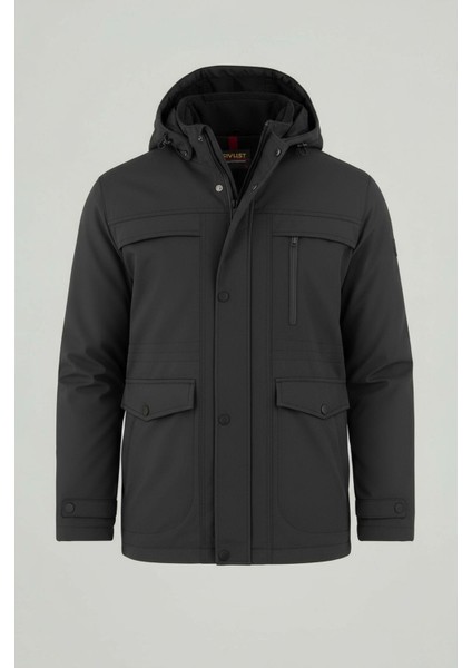 Erkek Gri Pamuk Polyester Karışımlı Kürklü Çıkartılabilir Kapüşonlu Mont&kaban