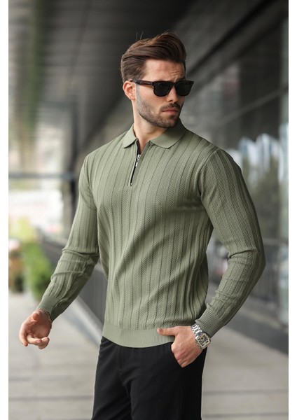 Haki Yarım Fermuarlı Polo Yaka Triko Kazak E7426 fırsatları