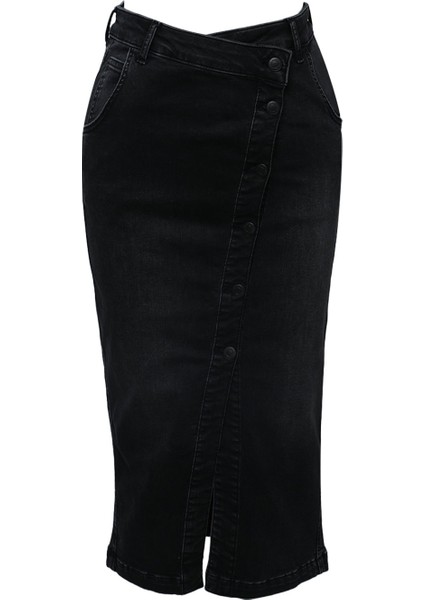 Önü Yan Düğmeli Midi Boy Likralı Siyah Jean Etek indirimleri