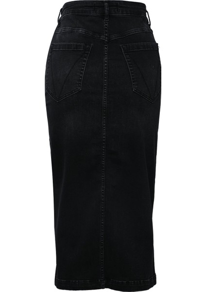 Önü Yan Düğmeli Midi Boy Likralı Siyah Jean Etek