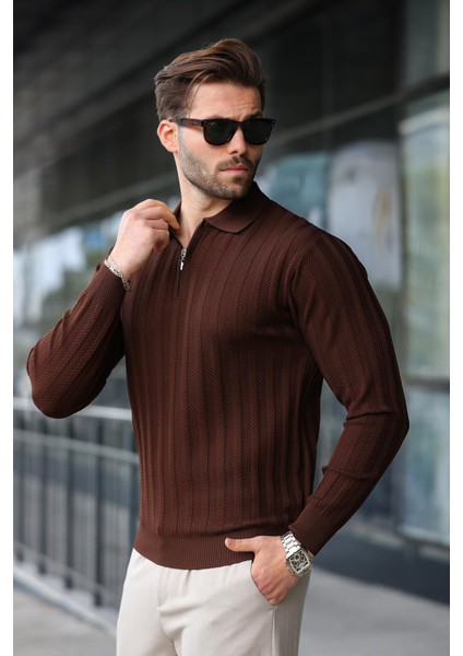 Kahverengi Yarım Fermuarlı Polo Yaka Triko Kazak E7426 fiyatları