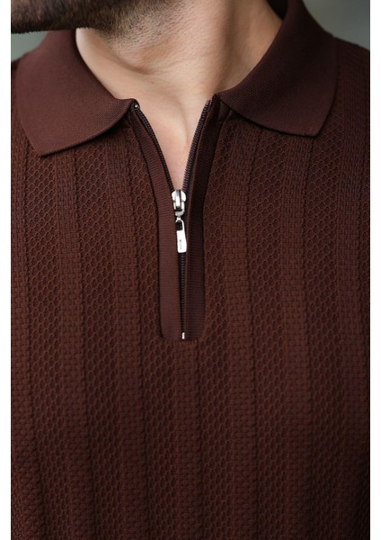 Kahverengi Yarım Fermuarlı Polo Yaka Triko Kazak E7426 modelleri