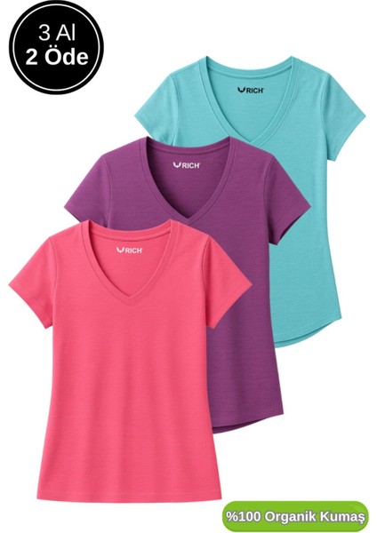 Kadın 3'lü Paket Turkuvaz-Mor-Pembe %100 Organik Pamuk Normal Kesim Tişört V Yaka T-Shirt