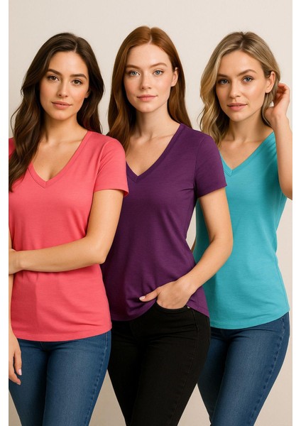 Kadın 3'lü Paket Turkuvaz-Mor-Pembe %100 Organik Pamuk Normal Kesim Tişört V Yaka T-Shirt fiyatları