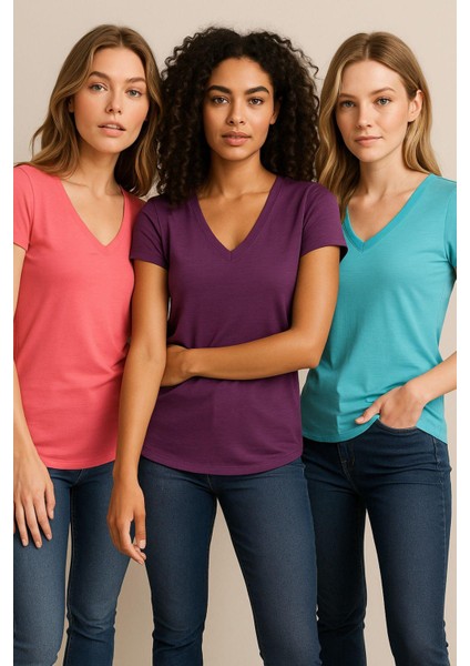 Kadın 3'lü Paket Turkuvaz-Mor-Pembe %100 Organik Pamuk Normal Kesim Tişört V Yaka T-Shirt modelleri
