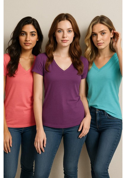 Kadın 3'lü Paket Turkuvaz-Mor-Pembe %100 Organik Pamuk Normal Kesim Tişört V Yaka T-Shirt fırsatları