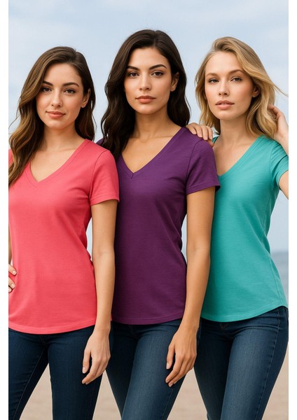 Kadın 3'lü Paket Turkuvaz-Mor-Pembe %100 Organik Pamuk Normal Kesim Tişört V Yaka T-Shirt indirimleri