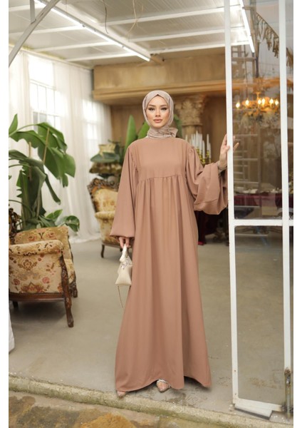 Açık Bej Tesettür Balon Kollu Oversize Elbise Standart Beden ( 36 - 42 ) Uyumludur 1692