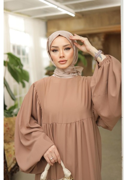 Açık Bej Tesettür Balon Kollu Oversize Elbise Standart Beden ( 36 - 42 ) Uyumludur 1692 modelleri