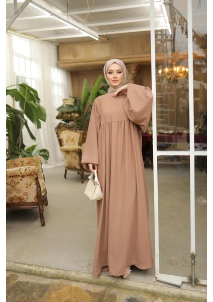 Açık Bej Tesettür Balon Kollu Oversize Elbise Standart Beden ( 36 - 42 ) Uyumludur 1692 fırsatları