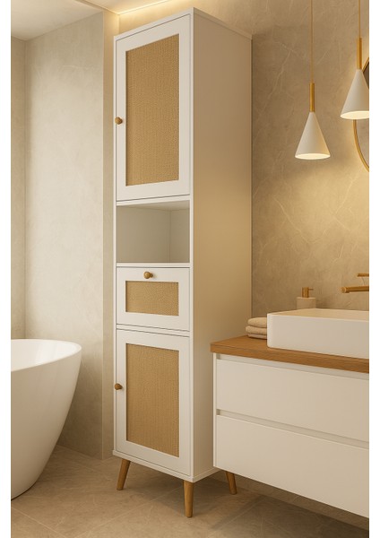 Luna Beyaz 197CM Iskandinav Jüt Kumaşlı %100 Mdf Çamaşır Sepetli Banyo Dolabı Y197XG47XD35 modelleri