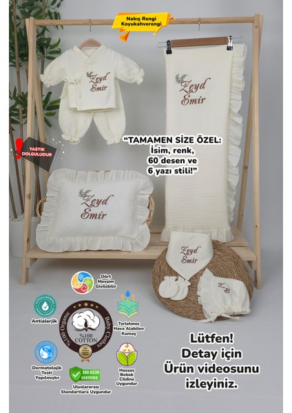Müslin Yeni Doğan 4katlı Organik %100PAMUK Kişiye Özgü Nakışlı Hastane Çıkış Seti(Ikili Dal Model-5)