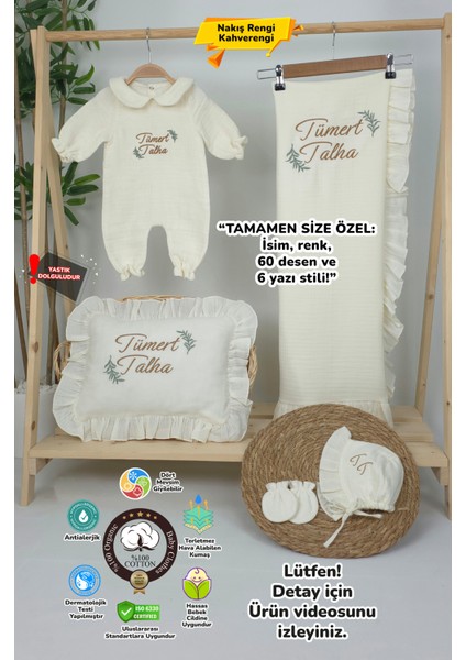 Müslin Yeni Doğan 4katlı Organik %100PAMUK Kişiye Özgü Nakışlı Hastane Çıkış Seti(Iki Dallı Model-2)