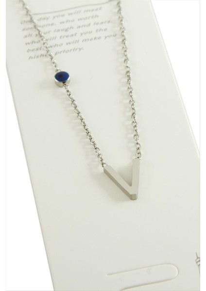 Allzey Gümüş Renkli Harfli Çelik Kolye-V