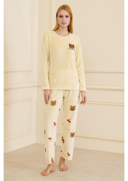 Kadın 13313-2261 Uzun Kol Kadife Pijama Takımı Sarı