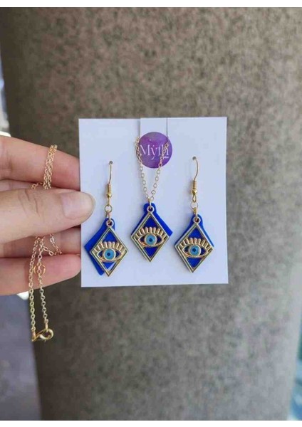 Blue Eye Altın Kaplama Çelik Detaylı Mavi Kolye ve Küpe Set