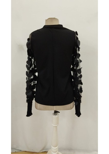 Kadın Bisiklet Yaka Kolları Tül Detay Nervürlü Ithal Krep Bluz