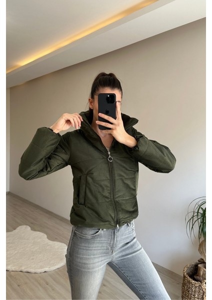 Kadın Fitilli Desen Kadife Kısa Şişme Mont NM005