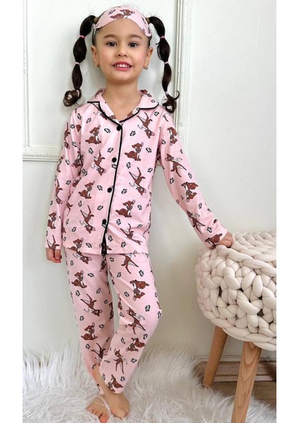 Kız Çocuk Pijama Takımı. Uzun Kollu Düğmeli Pijama Takımı. Uyku Göz Bantlı Pijama Takım