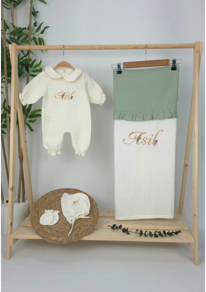 Müslin Yeni Doğan 4katlı Organik %100PAMUK Kişiye Özgü Nakışlı Hastane Çıkış Seti (Papatya Model-3)