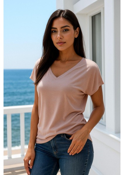 Kadın Pudra Pembe Viskon V Yakalı T-Shirt Kısa Kol Rahat Kesim Bluz fiyatları