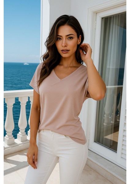 Kadın Pudra Pembe Viskon V Yakalı T-Shirt Kısa Kol Rahat Kesim Bluz fırsatları