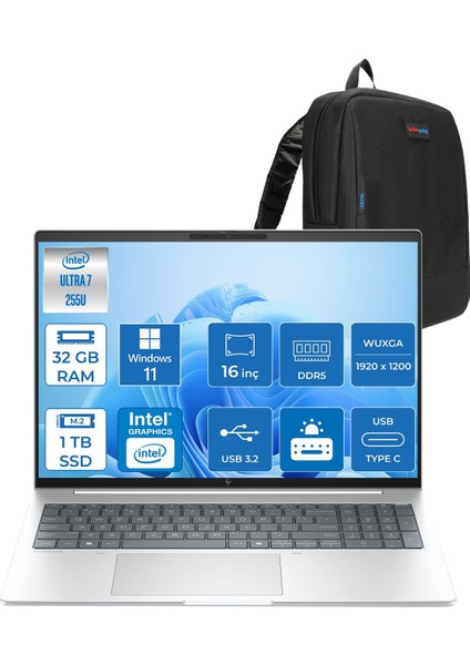 Elitebook 8 G1I Intel® Core Ultra 7 255U 32GB Ddr5 1tb SSD 16" Wuxga (1920X1200) IPS 300NIT WIN11PRO Taşınabilir Bilgisayar C9FG8ETP08+ZETTAÇANTA