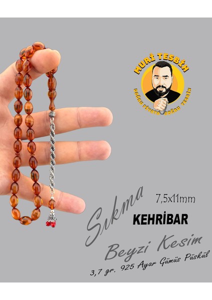 3,7 gr 925 Ayar Gümüş Püskül Ali Albayrak Sıkma Kehribar Beyzi Kesim 7,50X11