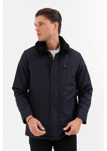 Erkek Lacivert Yakası Çıkartılabilir Kürklü Su Itici Içi Kürklü Kaban – Rüzgar Geçirmez, Hafif ve dayanıklı