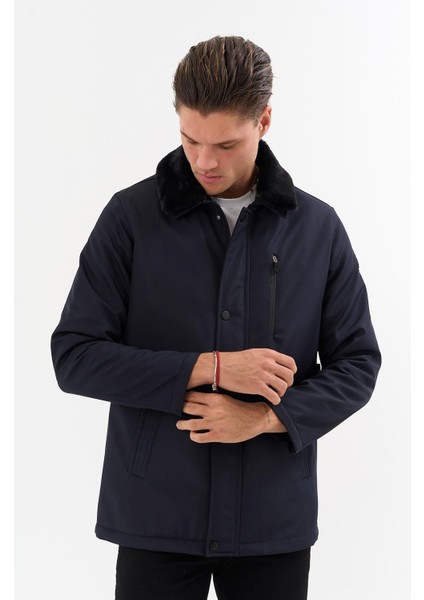 Erkek Lacivert Yakası Çıkartılabilir Kürklü Su Itici Içi Kürklü Kaban – Rüzgar Geçirmez, Hafif ve dayanıklı fırsatları